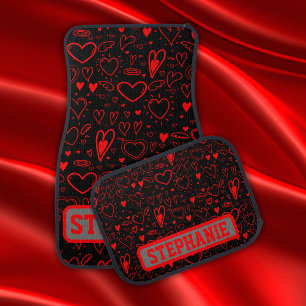 Name Monogram with red hearts on white Car Floor Mat