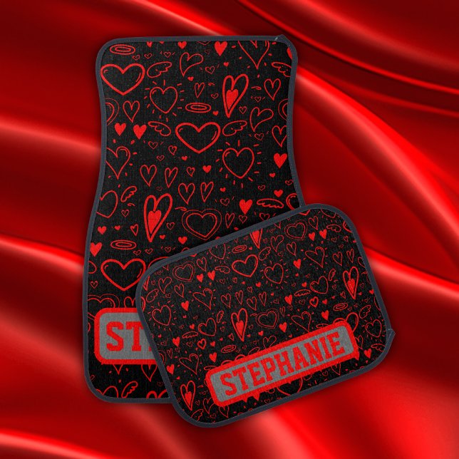 Name Monogram with red hearts on white | Car Floor Mat (Creator Uploaded)