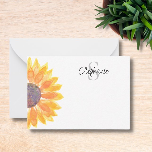 Name Monogram Yellow Sunflower  Note Card (Creator Uploaded)