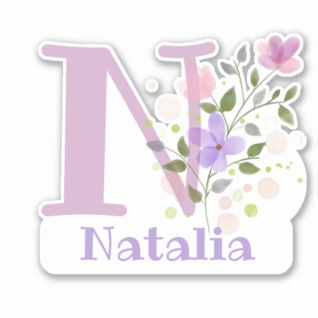 Name Natalia & Initial with Floral Design Sticker (Front)