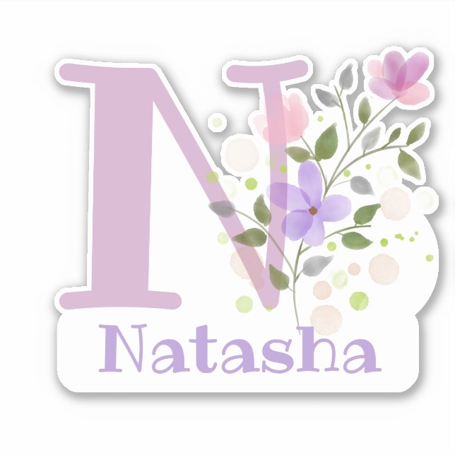 Name Natasha & Initial with Floral Design Sticker (Front)