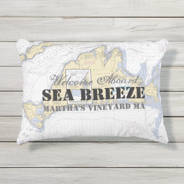 Name + Nautical Welcome Aboard Martha's Vineyard Outdoor Pillow (Front)