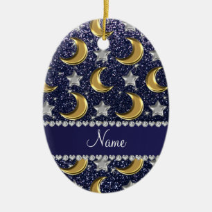 Name navy blue glitter gold moons silver stars ceramic ornament