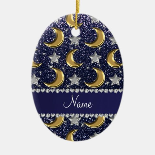 Name navy blue glitter gold moons silver stars ceramic ornament