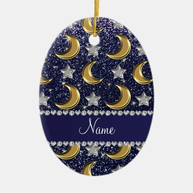 Name navy blue glitter gold moons silver stars ceramic ornament (Front)
