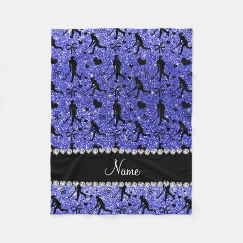 Name neon blue glitter field hockey hearts bow fleece blanket