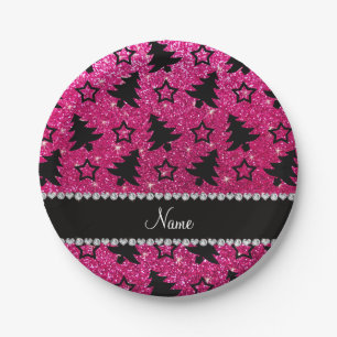 Name neon hot pink glitter christmas trees stars paper plates