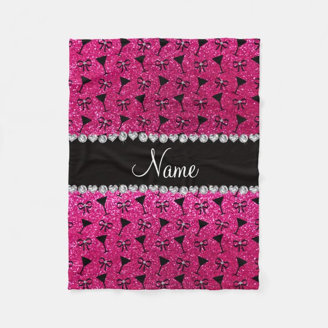 name neon hot pink glitter cocktail glass bow fleece blanket (Front)