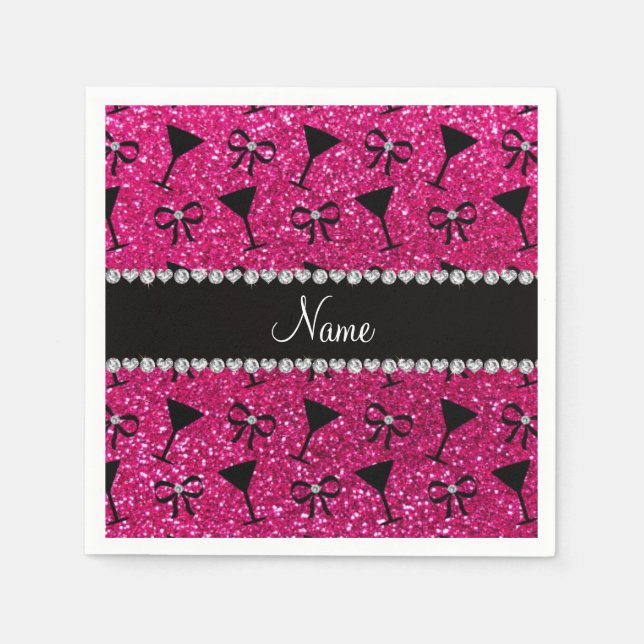 name neon hot pink glitter cocktail glass bow paper napkins (Front)