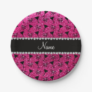 name neon hot pink glitter cocktail glass bow paper plates