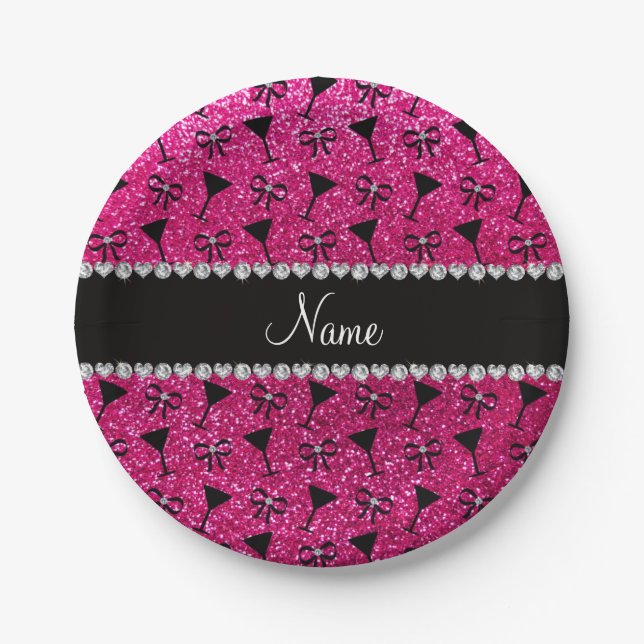 name neon hot pink glitter cocktail glass bow paper plates (Front)
