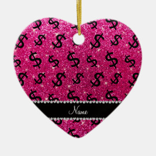 Name neon hot pink glitter dollar signs ceramic ornament