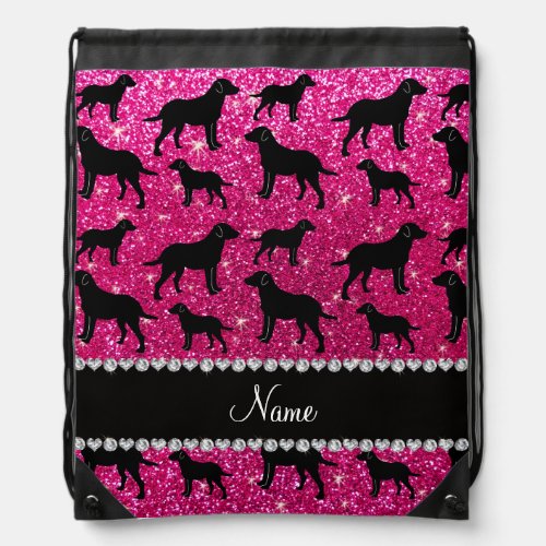 Name neon hot pink glitter labrador retrievers drawstring bag