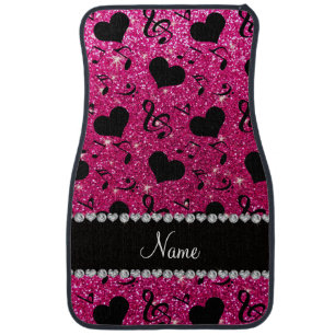 Name neon hot pink glitter music notes hearts car mat
