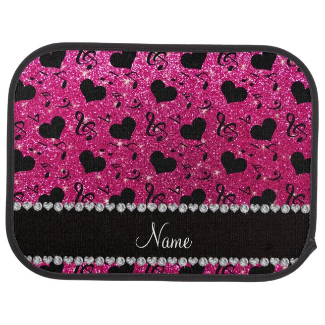 Name neon hot pink glitter music notes hearts car mat (Rear)