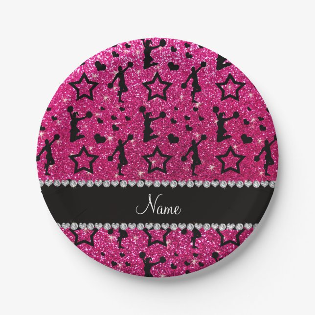 Name neon hot pink glitter stars cheerleading paper plates (Front)