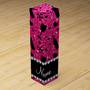 name neon hot pink glitter wine glass bottle gift box