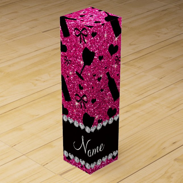 name neon hot pink glitter wine glass bottle gift box (Front)