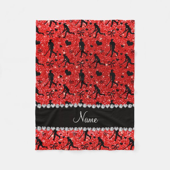 Name neon red glitter field hockey hearts bows fleece blanket (Front)