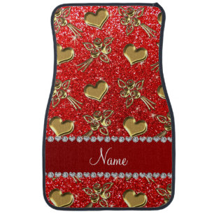 Name neon red glitter gold roses hearts car mat