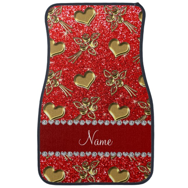 Name neon red glitter gold roses hearts car mat (Front)