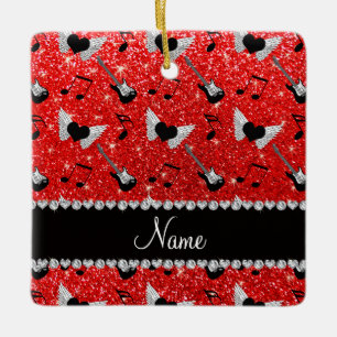 Name neon red glitter guitars heart wings music no ceramic ornament