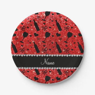 Name neon red glitter wine glass bottles paper plates