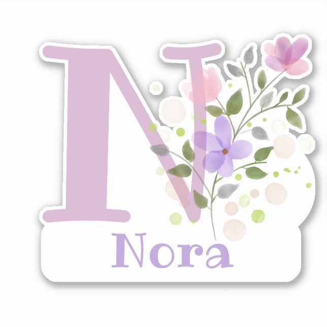 Name Nora & Initial with Floral Design Sticker (Front)