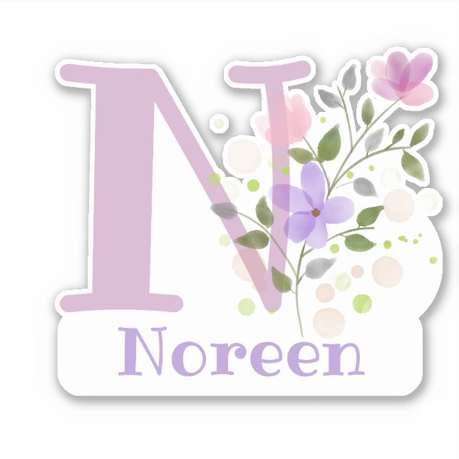 Name Noreen & Initial with Floral Design Sticker (Front)