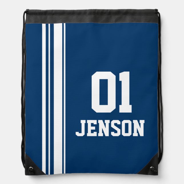 Name number blue sports stripe drawstring bag (Front)