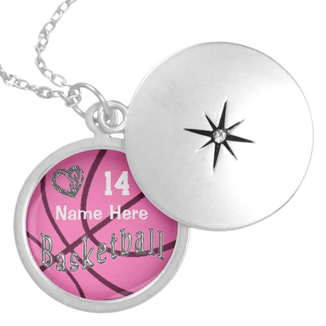 NAME & NUMBER Pink Basketball Necklaces for Girls (Front)
