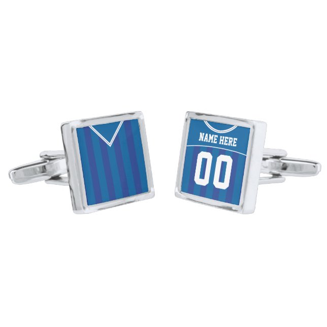 Name & Number Soccer Jersey Cuff Links, Blue Cufflinks (Angled)