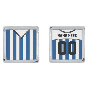 Name & Number Soccer Jersey Cuff Links, Blue Silver Cufflinks