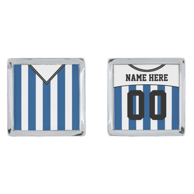Name & Number Soccer Jersey Cuff Links, Blue Silver Cufflinks (Front)