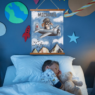 Name nursery art Funny Dog Airplane Clouds Custom Hanging Tapestry