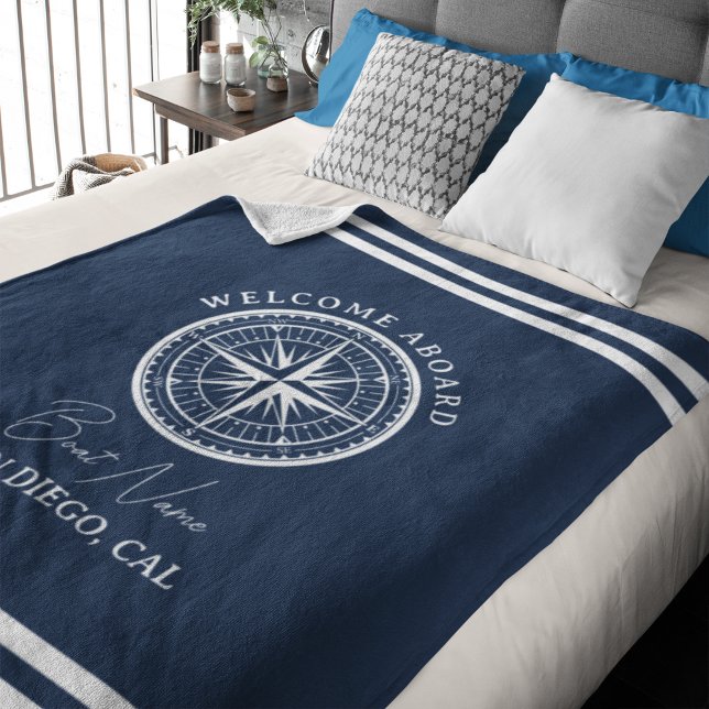 Name of your Boat Nautical Navy blue Fleece Blanket (Creator Uploaded)