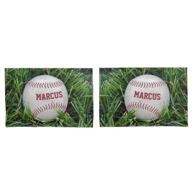 Name On a Baseball In Grass Pillow Case (Front-Set)