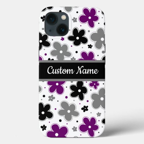 Name on Ace Pride Flowers Purple Gray Black White iPhone 13 Case