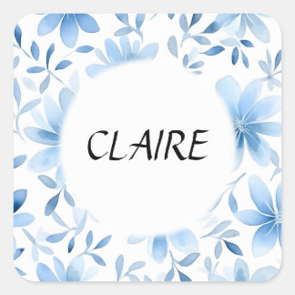 Name on Beautiful Blue Pastel Flower Pattern Square Sticker