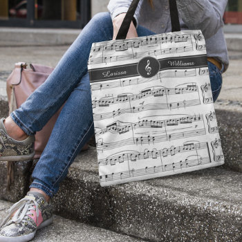 Name On Black And White Musical Notes Tote Bag by mixedworld at Zazzle