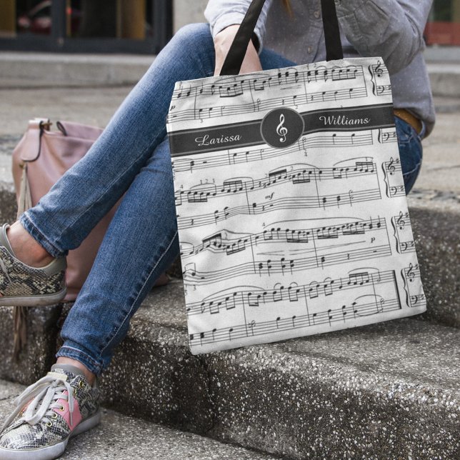 Name on black and white Musical Notes Tote Bag (music lessons tote)