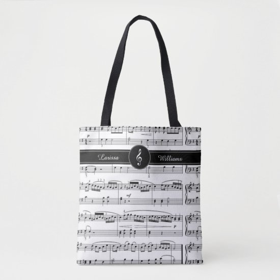 name on black and white musical notes tote bag