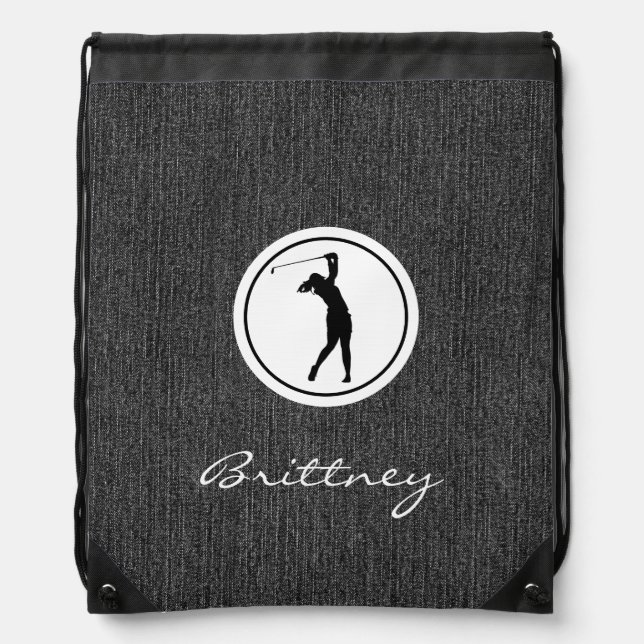 Name on Black Denim Print Drawstring Golf Bag (Front)