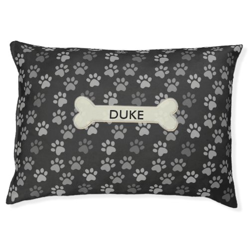 Name on bone  dog or cat paws on dark gray pet bed