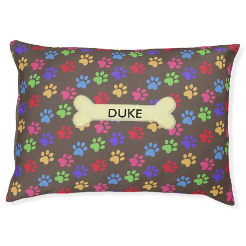 Name on bone  multicolored paws on brown pet bed