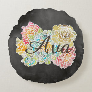 Name on Chalkboard With Flowers & Lord's Prayer - Round Pillow