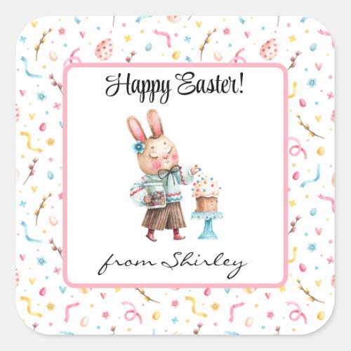Name on Cute Happy Easter Bunny 15_in Square Sticker
