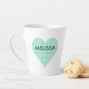 NAME on Cute Turquoise and Yellow Plaid Heart Latte Mug