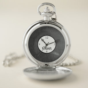 Name on Dark Gray Denim Print Pocket Watch