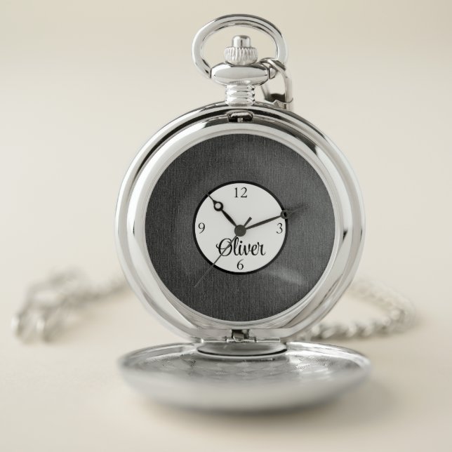 Name on Dark Gray Denim Print Pocket Watch (Inside)